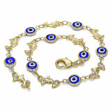Oro Laminado Fancy Anklet, Gold Filled Style Evil Eye and Dolphin Design, Blue Resin Finish, Golden Finish