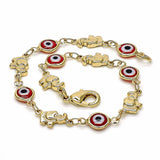 Oro Laminado Fancy Bracelet, Gold Filled Style Evil Eye and Elephant Design, Red Resin Finish, Golden Finish