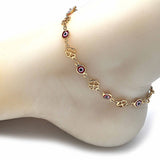 Oro Laminado Fancy Anklet, Gold Filled Style Evil Eye and Four-leaf Clover Design, Red Resin Finish, Golden Finish