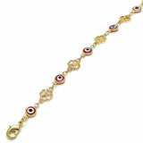 Oro Laminado Fancy Anklet, Gold Filled Style Evil Eye and Four-leaf Clover Design, Red Resin Finish, Golden Finish