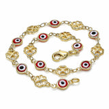 Oro Laminado Fancy Anklet, Gold Filled Style Evil Eye and Four-leaf Clover Design, Red Resin Finish, Golden Finish