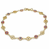 Oro Laminado Fancy Anklet, Gold Filled Style Evil Eye and Four-leaf Clover Design, Red Resin Finish, Golden Finish