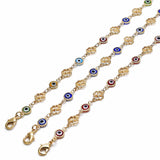 Oro Laminado Fancy Anklet, Gold Filled Style Evil Eye and Four-leaf Clover Design, Red Resin Finish, Golden Finish