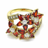 Oro Laminado Multi Stone Ring, Gold Filled Style Flower Design, with Garnet and White Cubic Zirconia, Polished, Golden Finish