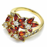 Oro Laminado Multi Stone Ring, Gold Filled Style Flower Design, with Garnet and White Cubic Zirconia, Polished, Golden Finish