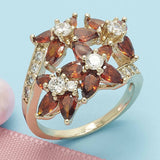 Oro Laminado Multi Stone Ring, Gold Filled Style Flower Design, with Garnet and White Cubic Zirconia, Polished, Golden Finish