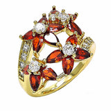 Oro Laminado Multi Stone Ring, Gold Filled Style Flower Design, with Garnet and White Cubic Zirconia, Polished, Golden Finish
