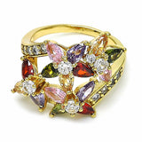 Oro Laminado Multi Stone Ring, Gold Filled Style Flower Design, with Multicolor Cubic Zirconia, Polished, Golden Finish