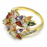 Oro Laminado Multi Stone Ring, Gold Filled Style Flower Design, with Multicolor Cubic Zirconia, Polished, Golden Finish