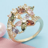 Oro Laminado Multi Stone Ring, Gold Filled Style Flower Design, with Multicolor Cubic Zirconia, Polished, Golden Finish