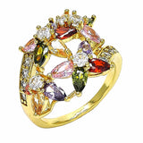 Oro Laminado Multi Stone Ring, Gold Filled Style Flower Design, with Multicolor Cubic Zirconia, Polished, Golden Finish