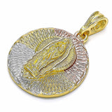 Oro Laminado Religious Pendant, Gold Filled Style Guadalupe Design, Diamond Cutting Finish, Tricolor