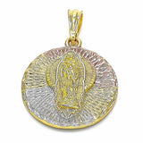 Oro Laminado Religious Pendant, Gold Filled Style Guadalupe Design, Diamond Cutting Finish, Tricolor