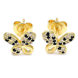 Oro Laminado Stud Earring, Gold Filled Style Butterfly Design, with Black and White Micro Pave, Polished, Golden Finish