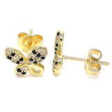 Oro Laminado Stud Earring, Gold Filled Style Butterfly Design, with Black and White Micro Pave, Polished, Golden Finish