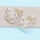 Oro Laminado Stud Earring, Gold Filled Style Butterfly Design, with Ruby and White Micro Pave, Polished, Golden Finish