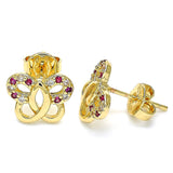 Oro Laminado Stud Earring, Gold Filled Style Butterfly Design, with Ruby and White Micro Pave, Polished, Golden Finish