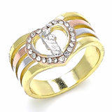 Oro Laminado Multi Stone Ring, Gold Filled Style San Judas and Heart Design, with White Crystal, Polished, Tricolor