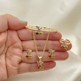 Oro Laminado Earring and Pendant Children Set, Gold Filled Style Cherry Design, with Multicolor Cubic Zirconia, Polished, Golden Finish