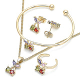 Oro Laminado Earring and Pendant Children Set, Gold Filled Style Cherry Design, with Multicolor Cubic Zirconia, Polished, Golden Finish