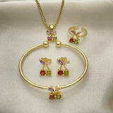 Oro Laminado Earring and Pendant Children Set, Gold Filled Style Cherry Design, with Multicolor Cubic Zirconia, Polished, Golden Finish