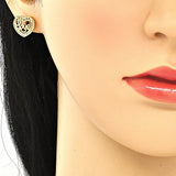 Oro Laminado Stud Earring, Gold Filled Style Heart and Love Design, with White Micro Pave, Polished, Golden Finish