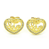 Oro Laminado Stud Earring, Gold Filled Style Heart and Love Design, with White Micro Pave, Polished, Golden Finish