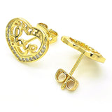 Oro Laminado Stud Earring, Gold Filled Style Heart and Love Design, with White Micro Pave, Polished, Golden Finish