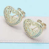 Oro Laminado Stud Earring, Gold Filled Style Heart and Love Design, with White Micro Pave, Polished, Golden Finish