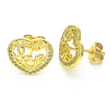 Oro Laminado Stud Earring, Gold Filled Style Heart and Love Design, with White Micro Pave, Polished, Golden Finish