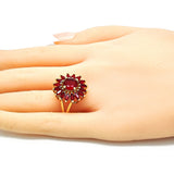 Oro Laminado Multi Stone Ring, Gold Filled Style Flower Design, with Ruby Cubic Zirconia, Polished, Golden Finish