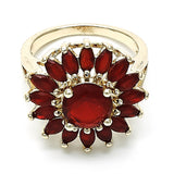 Oro Laminado Multi Stone Ring, Gold Filled Style Flower Design, with Ruby Cubic Zirconia, Polished, Golden Finish