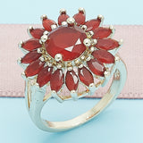 Oro Laminado Multi Stone Ring, Gold Filled Style Flower Design, with Ruby Cubic Zirconia, Polished, Golden Finish