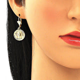 Oro Laminado Dangle Earring, Gold Filled Style Guadalupe Design, Diamond Cutting Finish, Golden Finish