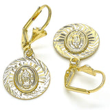 Oro Laminado Dangle Earring, Gold Filled Style Guadalupe Design, Diamond Cutting Finish, Golden Finish