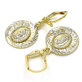 Oro Laminado Dangle Earring, Gold Filled Style Guadalupe Design, Diamond Cutting Finish, Golden Finish