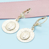Oro Laminado Dangle Earring, Gold Filled Style Guadalupe Design, Diamond Cutting Finish, Golden Finish