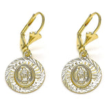Oro Laminado Dangle Earring, Gold Filled Style Guadalupe Design, Diamond Cutting Finish, Golden Finish