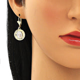 Oro Laminado Dangle Earring, Gold Filled Style Guadalupe Design, Diamond Cutting Finish, Tricolor
