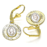 Oro Laminado Dangle Earring, Gold Filled Style Guadalupe Design, Diamond Cutting Finish, Tricolor