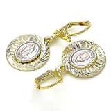 Oro Laminado Dangle Earring, Gold Filled Style Guadalupe Design, Diamond Cutting Finish, Tricolor