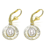 Oro Laminado Dangle Earring, Gold Filled Style Guadalupe Design, Diamond Cutting Finish, Tricolor