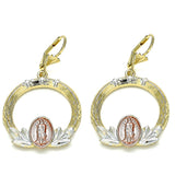 Oro Laminado Dangle Earring, Gold Filled Style Guadalupe Design, Polished, Tricolor
