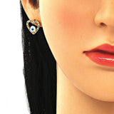 Oro Laminado Stud Earring, Gold Filled Style Evil Eye and Heart Design, with Multicolor Micro Pave, White Enamel Finish, Golden Finish