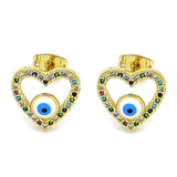 Oro Laminado Stud Earring, Gold Filled Style Evil Eye and Heart Design, with Multicolor Micro Pave, White Enamel Finish, Golden Finish
