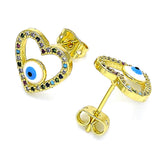 Oro Laminado Stud Earring, Gold Filled Style Evil Eye and Heart Design, with Multicolor Micro Pave, White Enamel Finish, Golden Finish