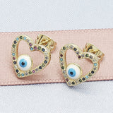 Oro Laminado Stud Earring, Gold Filled Style Evil Eye and Heart Design, with Multicolor Micro Pave, White Enamel Finish, Golden Finish