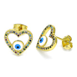 Oro Laminado Stud Earring, Gold Filled Style Evil Eye and Heart Design, with Multicolor Micro Pave, White Enamel Finish, Golden Finish