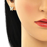 Oro Laminado Stud Earring, Gold Filled Style Butterfly Design, with White Micro Pave, Polished, Golden Finish