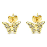 Oro Laminado Stud Earring, Gold Filled Style Butterfly Design, with White Micro Pave, Polished, Golden Finish